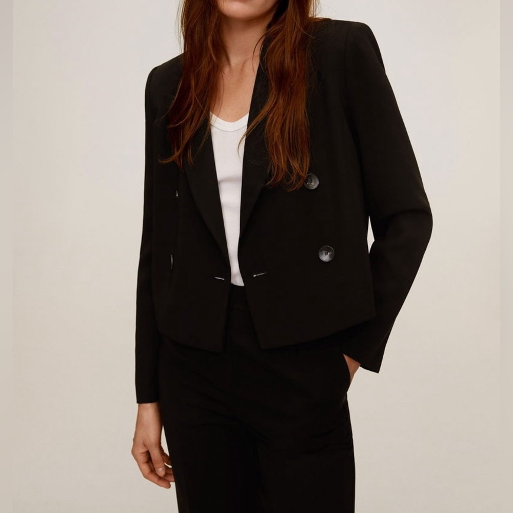 MANGO Double-Breasted Cropped Blazer in Black Size S MODERN CLASSIC MINIMAL